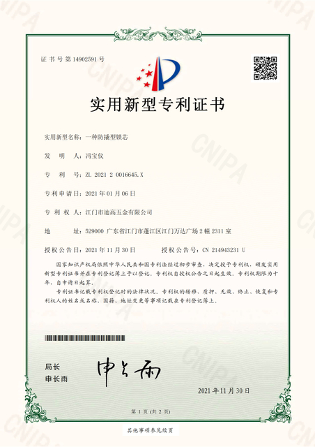 江门市迪高五金有限公司-一种防撬型锁芯_页面_1