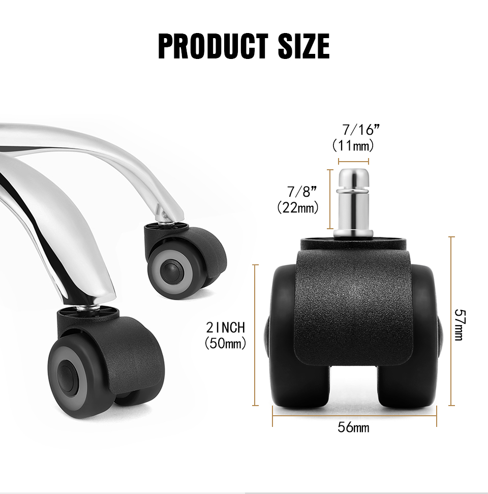 FC1001 Ruedas de plástico negras silenciosas para patas de silla de oficina de 40 mm con freno