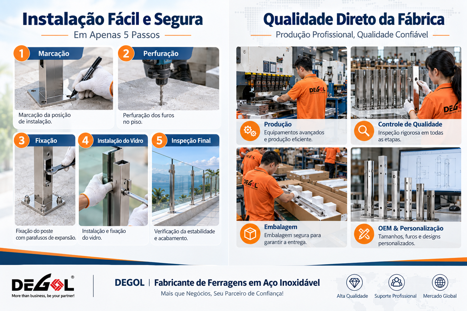 Instalaci&oacute;n de postes para guarda-cuerpo de vidrio y producci&oacute;n DEGOL