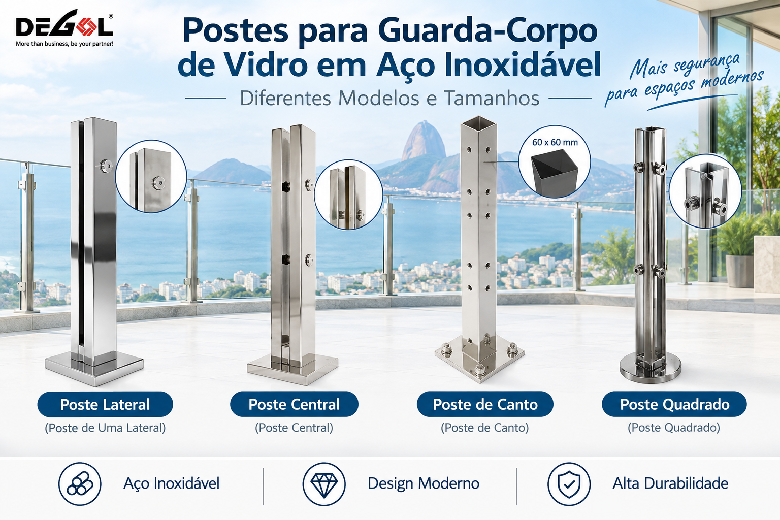 Postes para guarda-cuerpo de vidrio en acero inoxidable en diferentes modelos